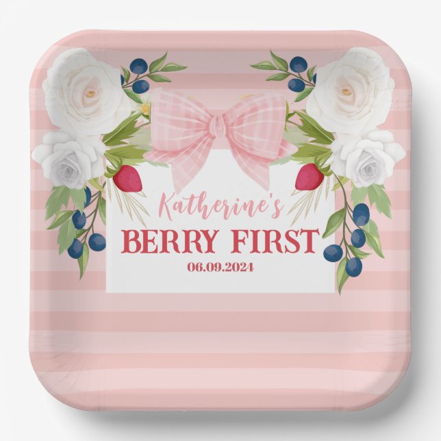 Plato De Papel Strawberry 1st Berry First strawberry Birthday  (Anverso)