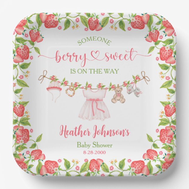 Plato De Papel Strawberry Berry Sweet Clothesline Baby Shower (Anverso)