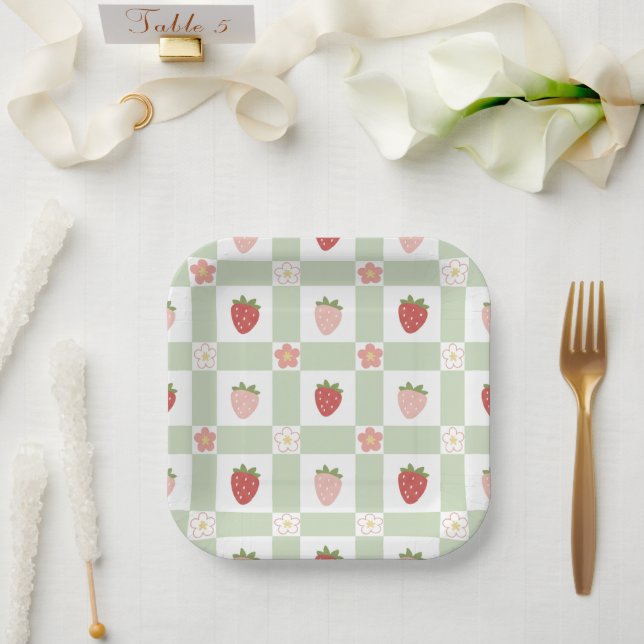 Plato De Papel Strawberry Gingham First Birthday Square (Boda)