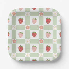 Plato De Papel Strawberry Gingham First Birthday Square