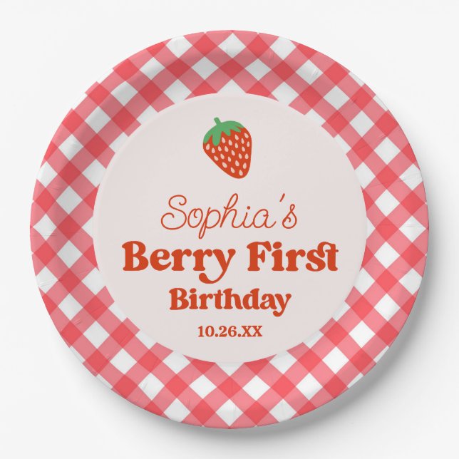 Plato De Papel Strawberry Red Pink Berry Primer Fiesta de cumplea (Anverso)
