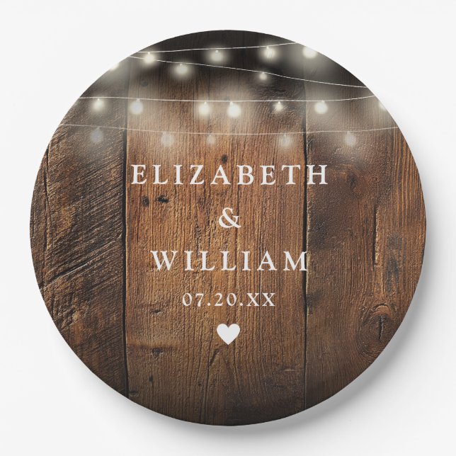 Plato De Papel String enciende el Boda del Boho Barn de Madera Ru (Anverso)