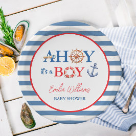 Plato De Papel Striped Blue Red Nautical Ahoy Boy Baby Shower