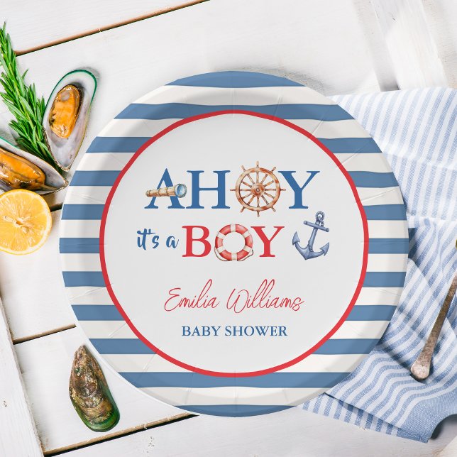 Plato De Papel Striped Blue Red Nautical Ahoy Boy Baby Shower (Subido por el creador)