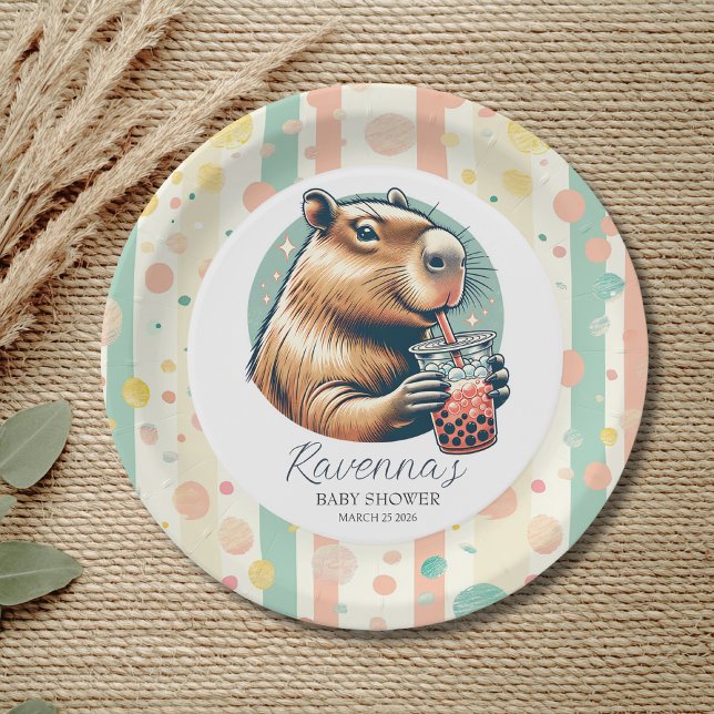 Plato De Papel Striped Funny Capybara Custom Name Baby Shower (Subido por el creador)
