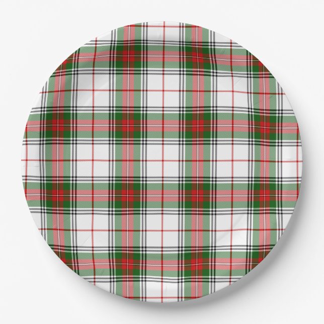 Plato De Papel Stuart / Stewart tartan blanco rojo platillo verde (Anverso)
