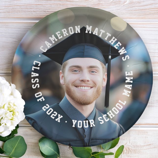 Plato De Papel Student graduation photo college jersey font (Student graduation photo college jersey font paper plates)