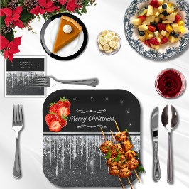 Plato De Papel Stylish Black and Silver Merry Christmas Party