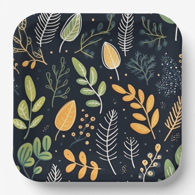 Plato De Papel Stylish Green and Yellow Foliage Pattern  (Anverso)