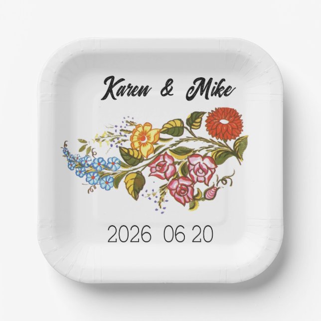 Plato De Papel Stylish Kalocsai  flowers - personalized wedding (Anverso)