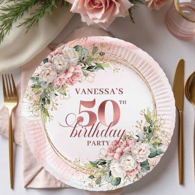 Plato De Papel Stylish Rose Gold Blush Peonies 50th Birthday  (Stylish Rose Gold Blush Peonies 50th Birthday Dinner Paper Plates

)