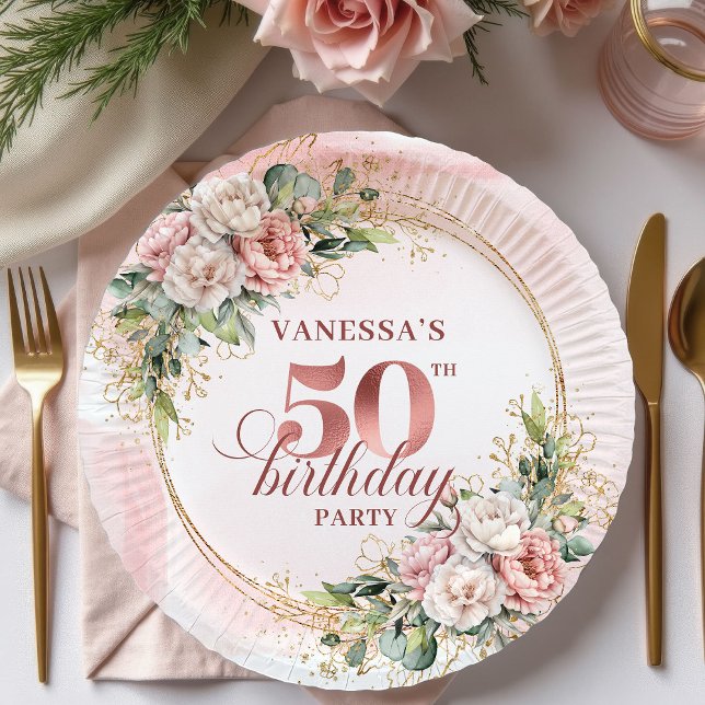 Plato De Papel Stylish Rose Gold Dusty Pink 50th Birthday Party  (Stylish Rose Gold Dusty Pink 50th Birthday Party Paper Plates

)