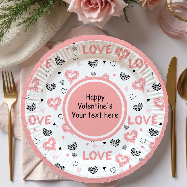 Plato De Papel Stylish Valentine Pink Black Heart Art Paper Plate (Stylish Valentine Pink Black Heart Art Paper Plates)