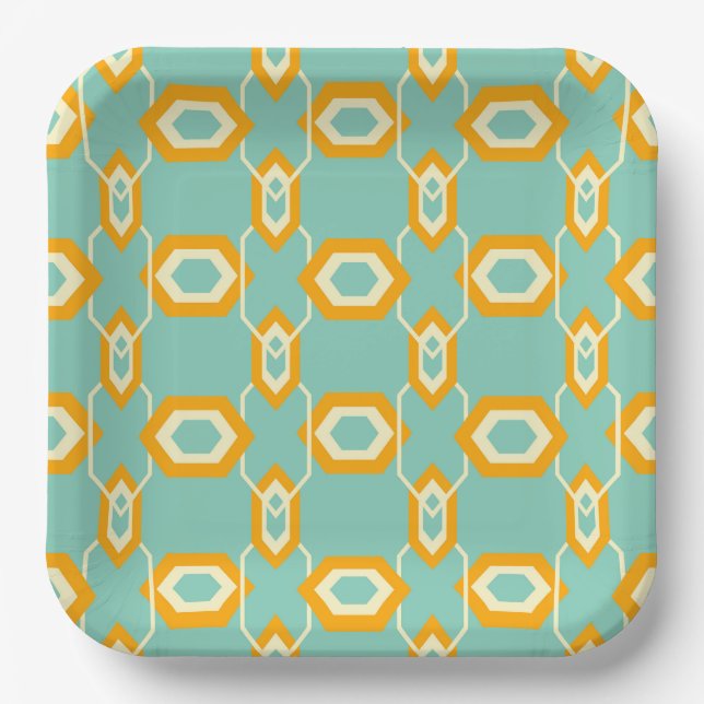 Plato De Papel Stylized geometric pattern in bold orange hexagon (Anverso)