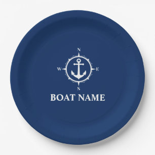 Plato De Papel Su nombre de barco Compass Anchor Navy Blue 9"