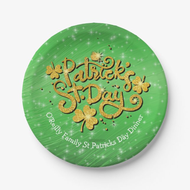 Plato De Papel Su Nombre Mensaje St Patricks Day Gold Shamrock (Anverso)
