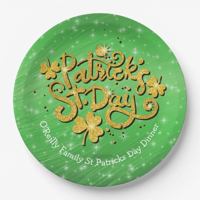Plato De Papel Su Nombre Mensaje St Patricks Day Gold Shamrock (Anverso)