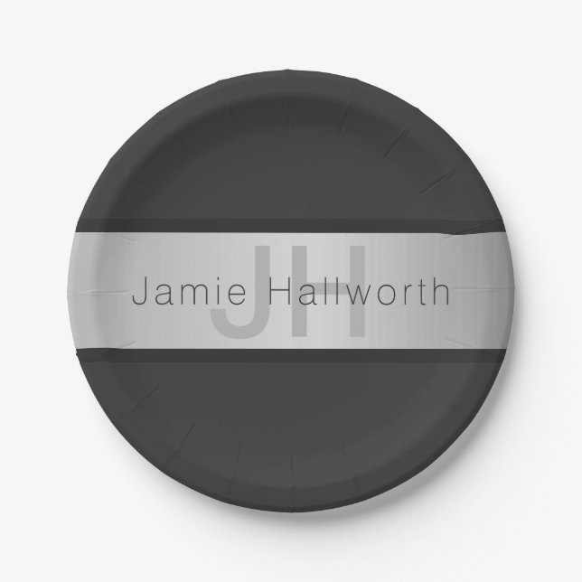 Plato De Papel Su nombre y su monograma | Grays and Faux Silver L (Anverso)