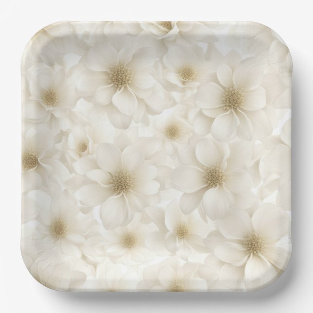 Plato De Papel Suave Floral Abstracto de Marfil (Anverso)