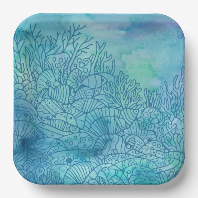 Plato De Papel Subacuático - Azul (Anverso)