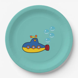 Plato De Papel Submarino de juguetes amarillos y azules con burbu