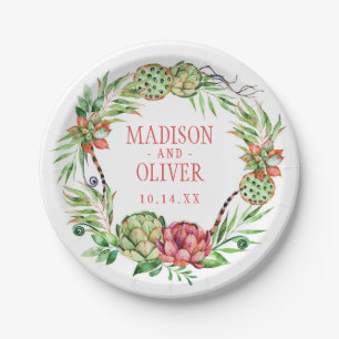 Plato De Papel Succulent verde del vintage y rosado floral el  