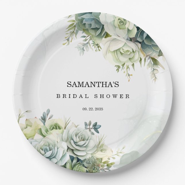 Plato De Papel Suculentas, rosas y vegetación Ducha de Novias (Anverso)