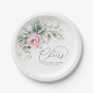 Plato De Papel Suculento verde de oro Alegría floral rosa