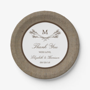 Plato De Papel Sucursal de Monograma Rústico del País y Boda de B