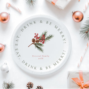Plato De Papel Sucursal moderna de pino y Navidades familiares de