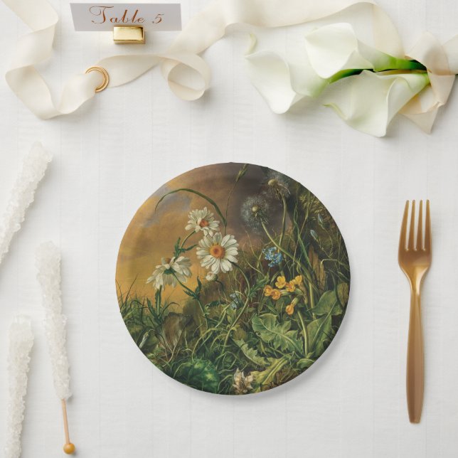 Plato De Papel Suelo forestal con margaritas, gallos, ... (Boda)