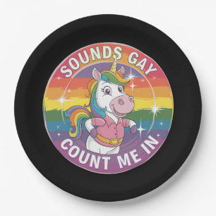 Plato De Papel Suena Gay Cuenta Conmigo Arcoíris Unicornio LGBTQ