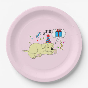 Plato De Papel Sueño amarillo del cumpleaños del perrito del