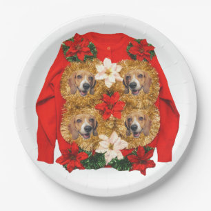 Plato De Papel Suéter feo del navidad del beagle