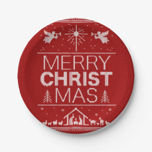 Plato De Papel Suéter navideño feo dulce Cristo religioso rojo