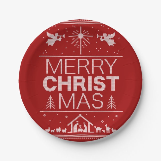 Plato De Papel Suéter navideño feo dulce Cristo religioso rojo (Anverso)