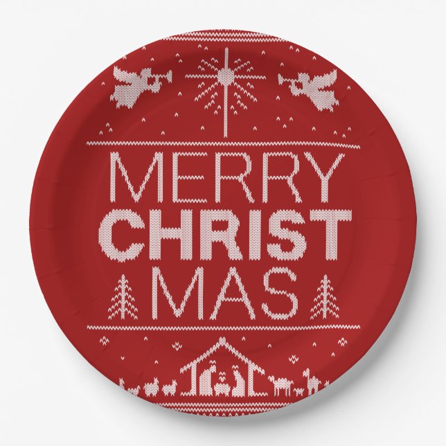 Plato De Papel Suéter navideño feo dulce Cristo religioso rojo (Anverso)