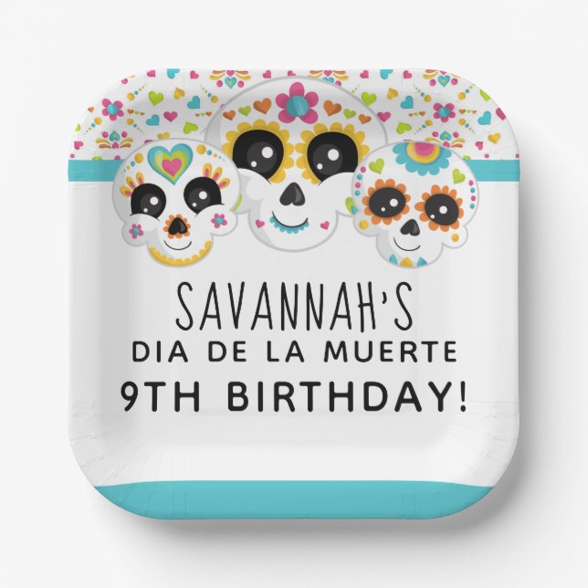 Plato De Papel Sugar Skull Dia de La Muerte Halloween Cumpleaños (Anverso)