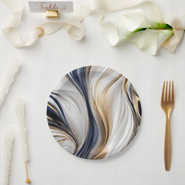 Plato De Papel Suministros de Fiesta modernos - Azul blanco y oro (Boda)