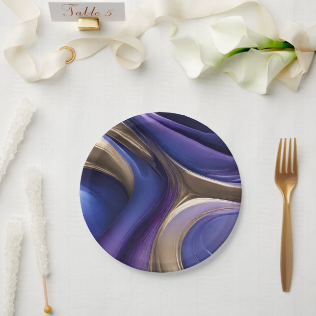 Plato De Papel Suministros de Fiesta modernos-Azul púrpura y dora (Boda)