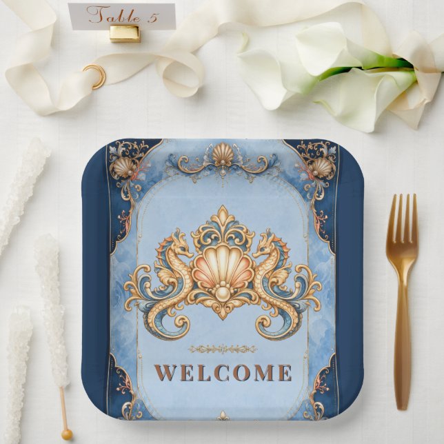 Plato De Papel Suministros de picnic de playa con tema de caballi (Boda)