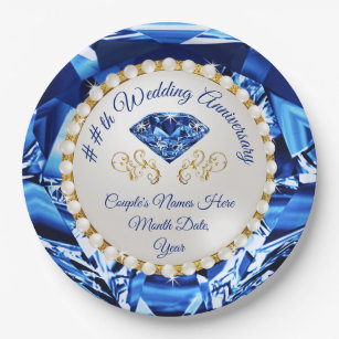 Heritage Pottery Placa conmemorativa personalizada de porcelana de hueso  para un 45 aniversario de boda, diseño de campanas de boda con borde azul