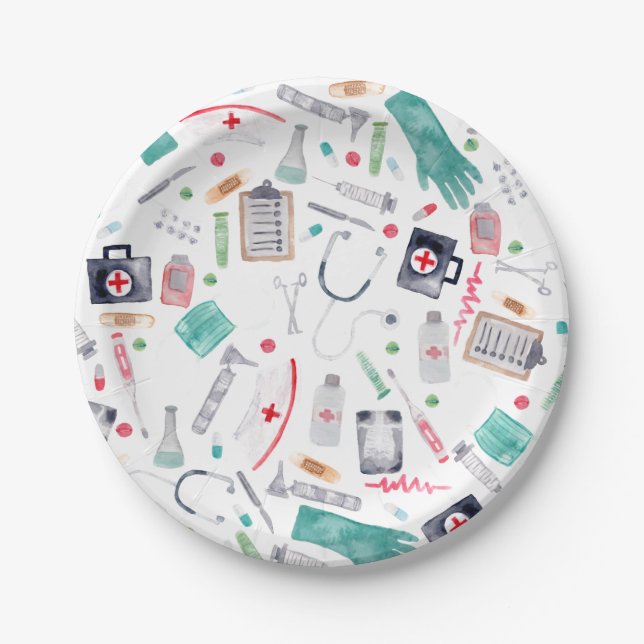 Plato De Papel Suministros médicos en acuarela (Anverso)