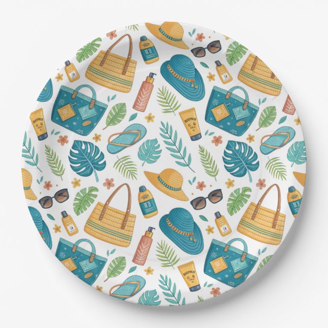 Plato De Papel Summer Beach Essentials Pattern (1) (Anverso)
