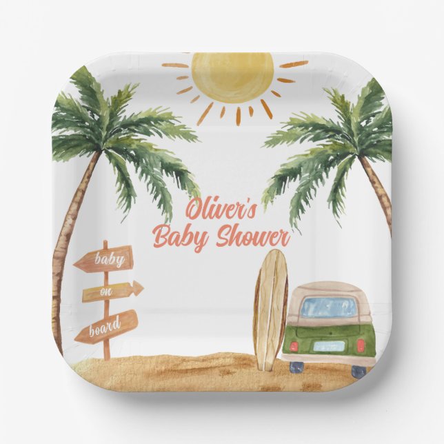 Plato De Papel Summer Boho Surf Beach Van Baby Shower (Anverso)