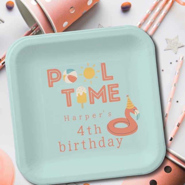 Plato De Papel summer flamingo popsicle kids birthday pool party (flamingo pool time birthday pool party modern paper plates paper party products & supplies)