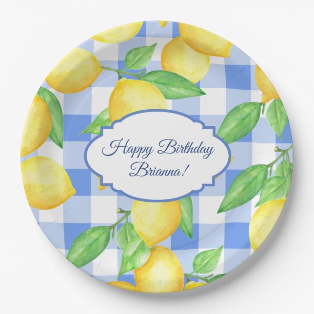 Plato De Papel Summer Lemon Gingham Birthday (Anverso)