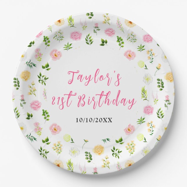 Plato De Papel Summer Pink and Yellow Floral Birthday (Anverso)