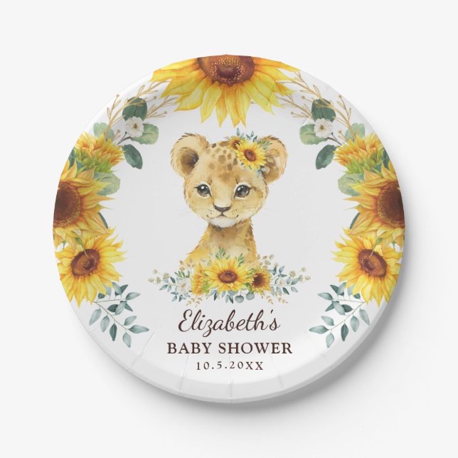 Plato De Papel Summer Sunflower Lion Cub Jungle Baby Shower (Anverso)