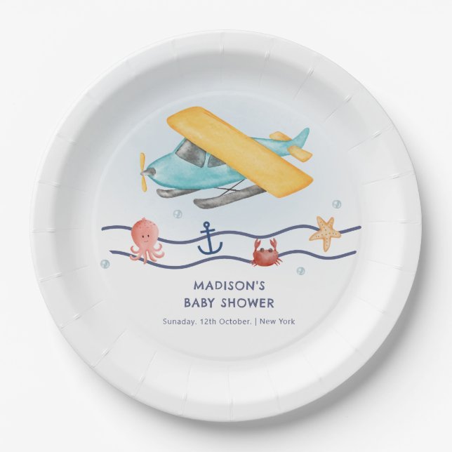 Plato De Papel Summer Travel Adventure Sea Airplane Baby Shower (Anverso)